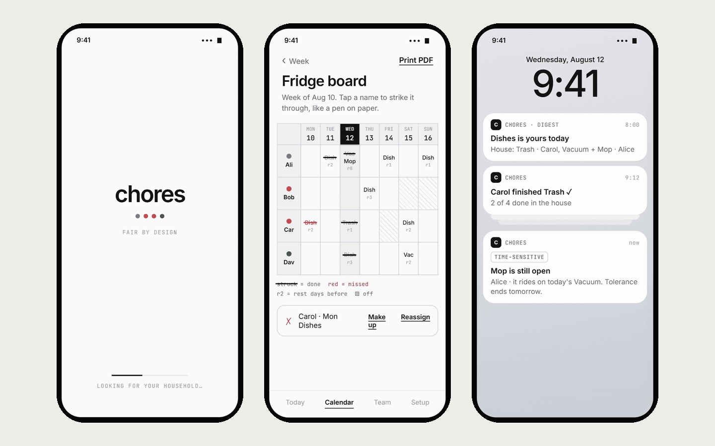 Chore Scheduler app: welcome, fridge board, notification digest