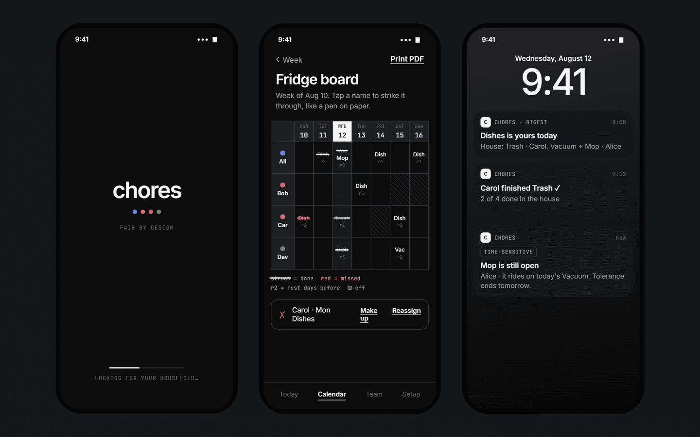 Chore Scheduler app: welcome, fridge board, notification digest