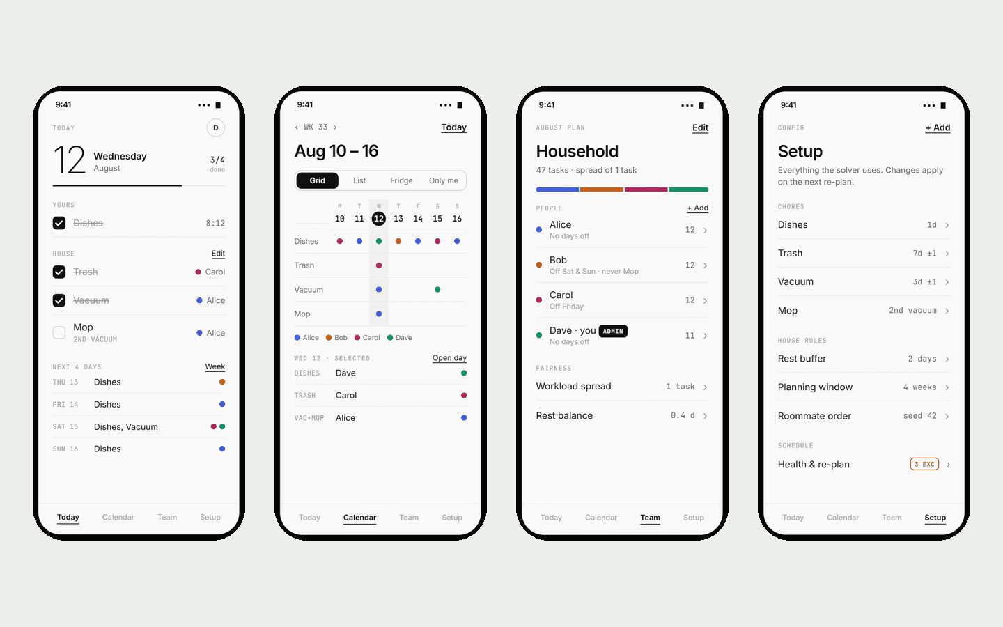 Chore Scheduler app: today, weekly calendar, household and setup screens