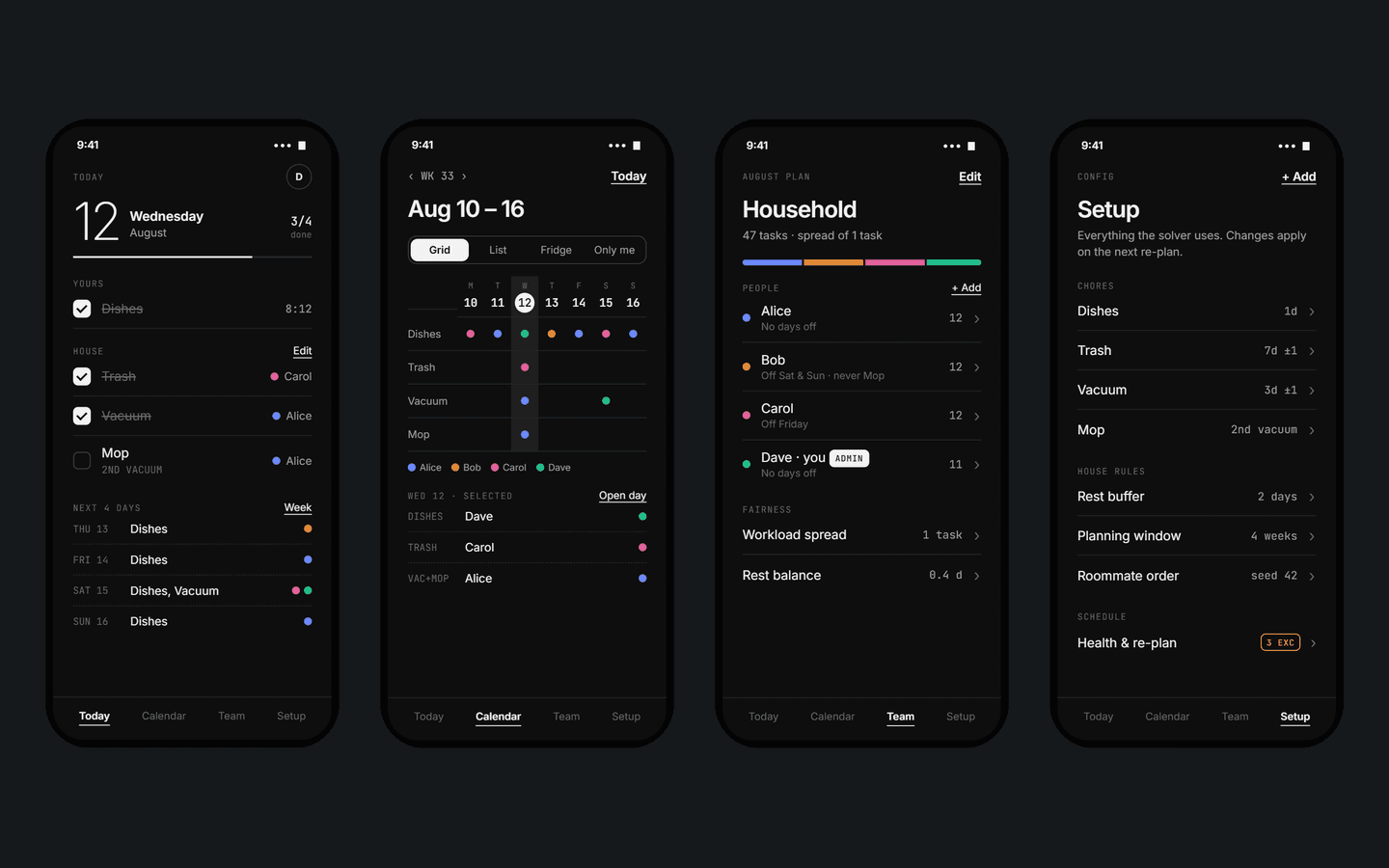 Chore Scheduler app: today, weekly calendar, household and setup screens