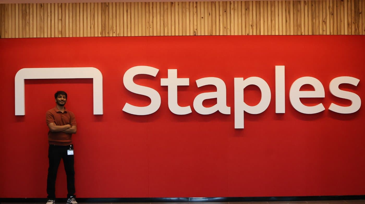 Venkat at the Staples headquarters sign